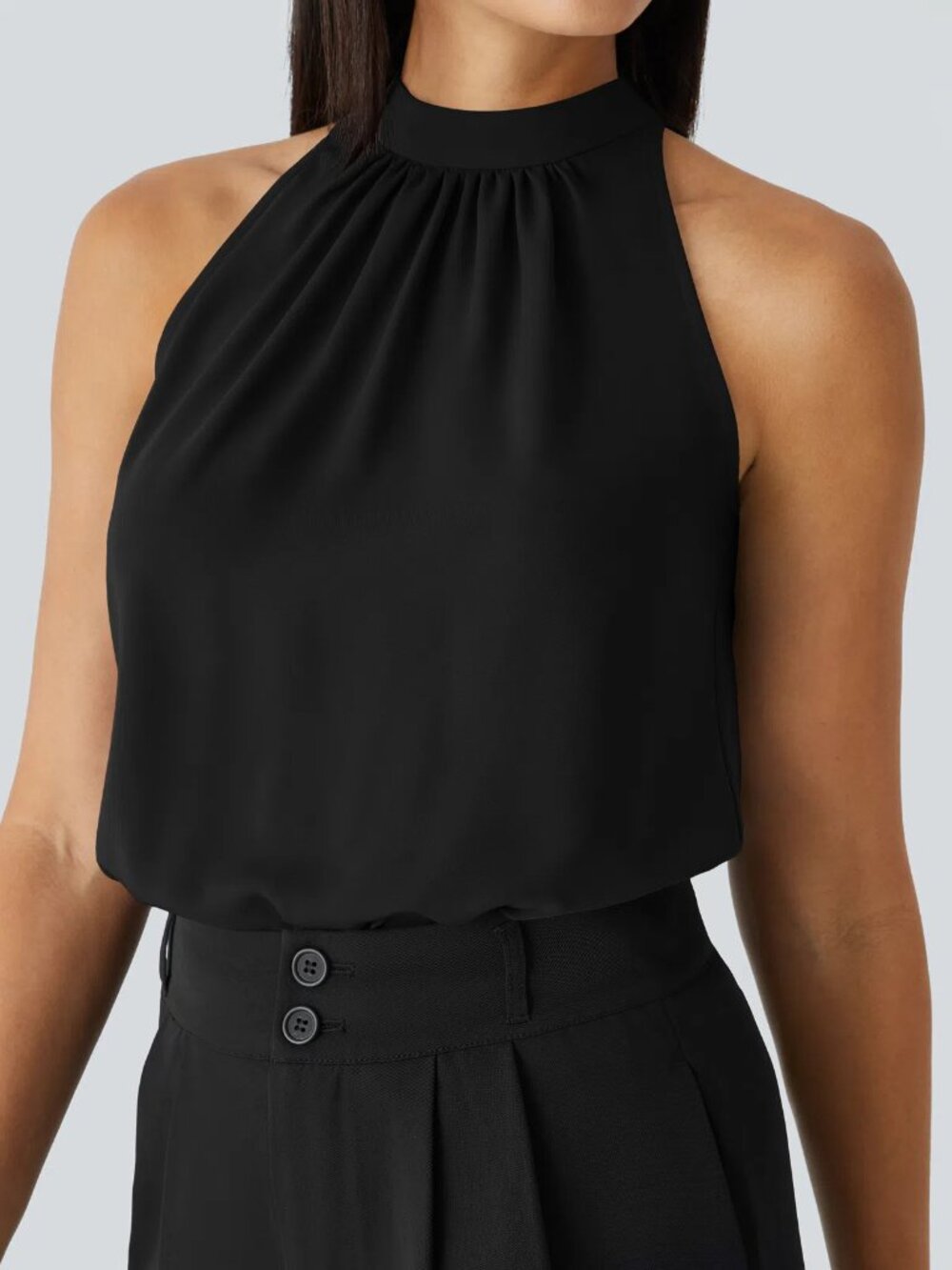 Halara Womens Small Keyhole Back Halter Sleeveless Curved Hem Work Blouse 50%off